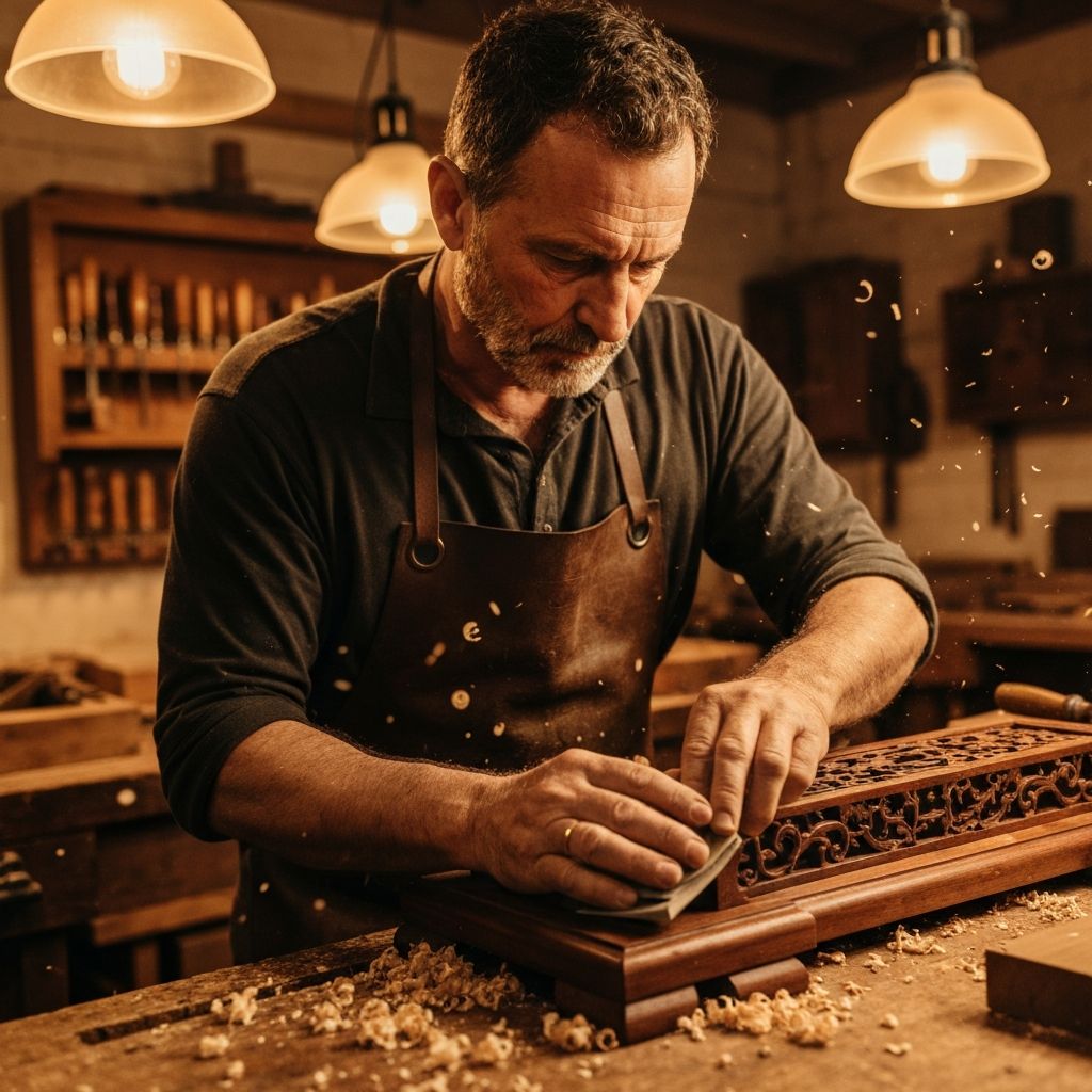 Atölyede bir mobilya parçasını özenle zımparalayan usta marangoz